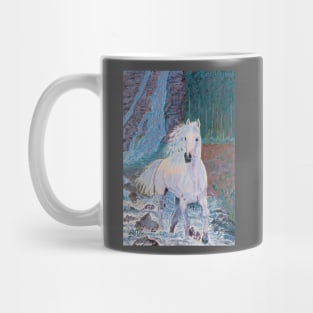 A white horse in front of a waterfall Mug